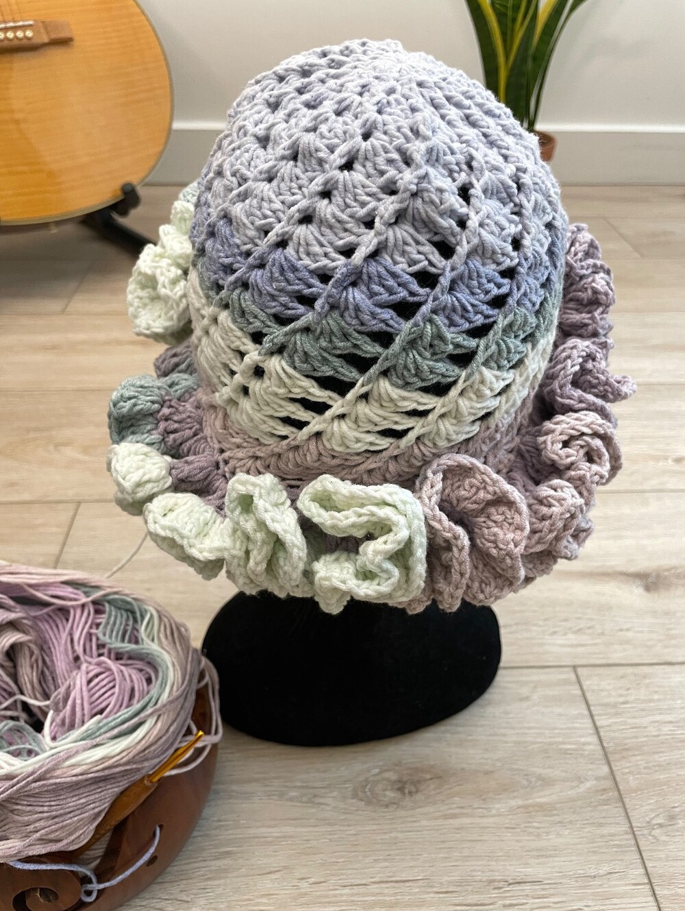 Handcrafted Crochet | Sculptural Ruffle Trim Hat |  Pastel Tones - Picture 7 of 9
